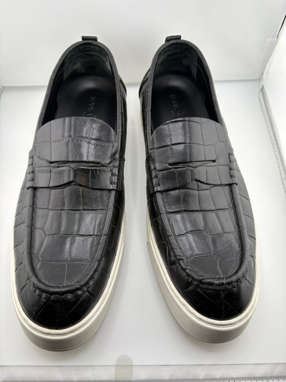 #S138 Louis Vuitton Croc‑Embossed Leather Slip‑On Sneakers Black, US 9